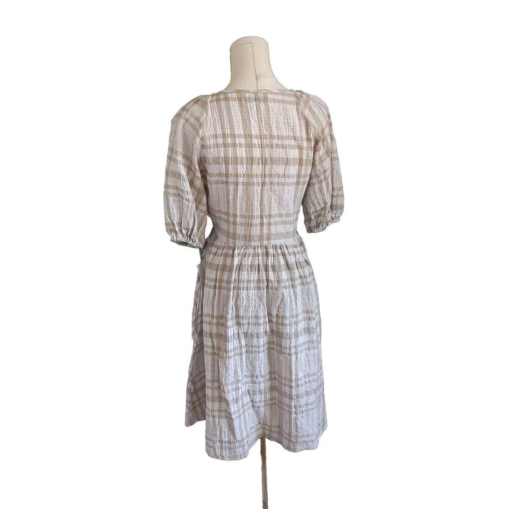 Love, Whit By Whitney Port Beige Summer Plaid Tie Wrap Dress Balloon Sleeves NWT - Picture 6 of 8